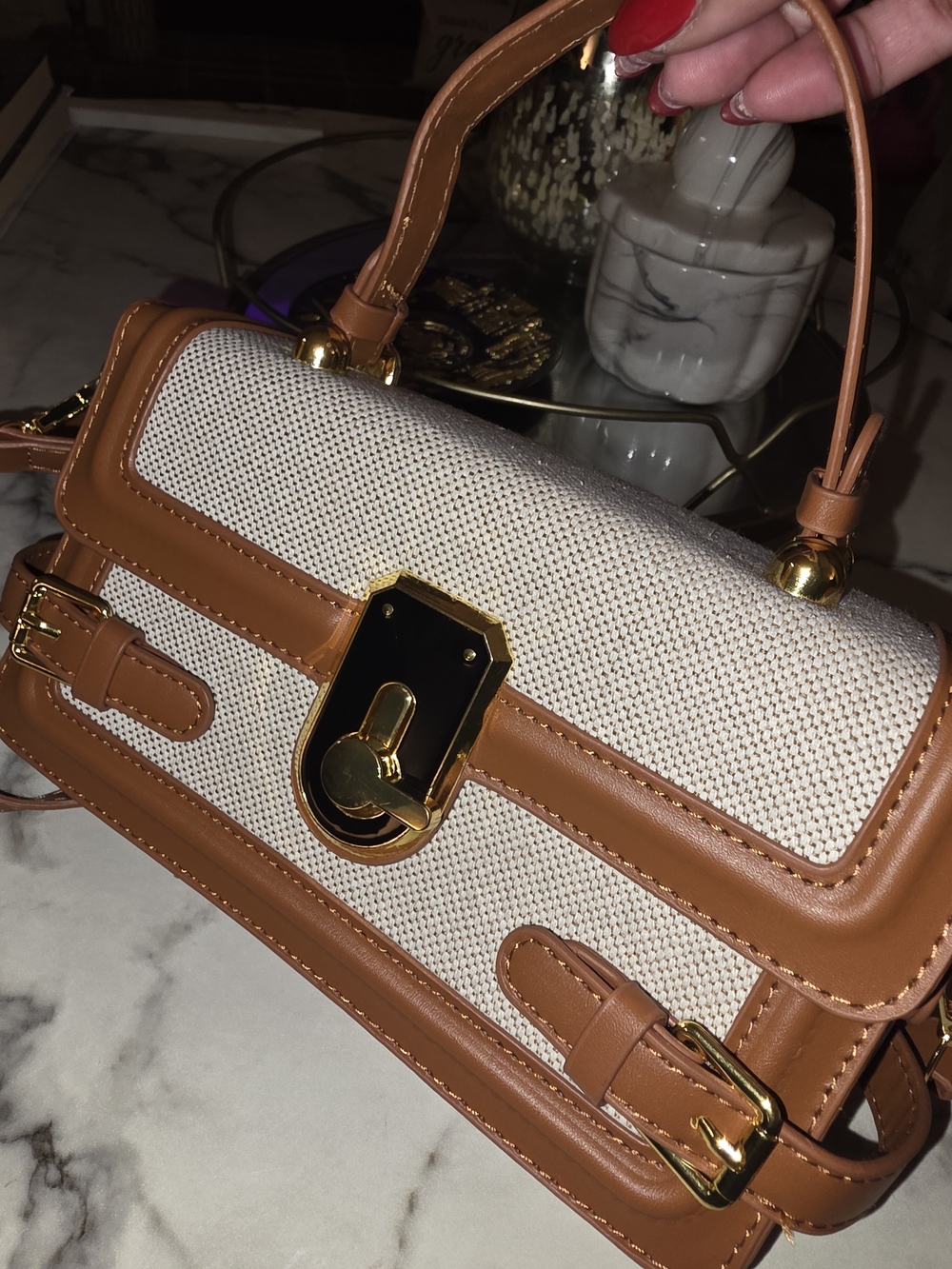Amazon Tan and Cream Top-Handle Satchel with Gold Hardware Crossbody
